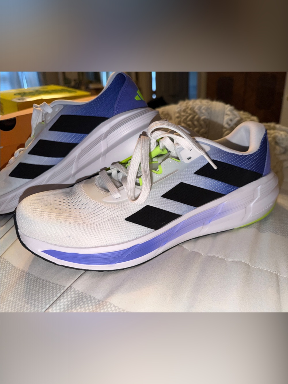 adidas White Sneakers with Black Stripes and Blue Accents